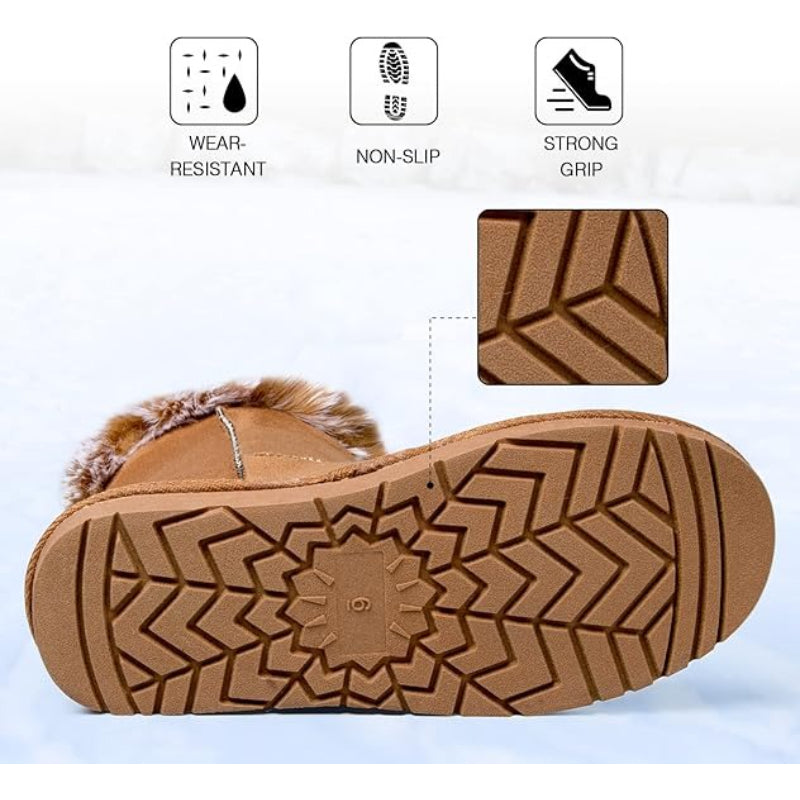 Women's Winter Snow Boots with Plush Lining - Warm Mid-Calf Cold-Resistant Ice/Slush Boots, Traction TPR Sole & Round Toe, Cozy White/Black Footwear for Snowy Sidewalks, Driveways & Icy Roads - All-Day