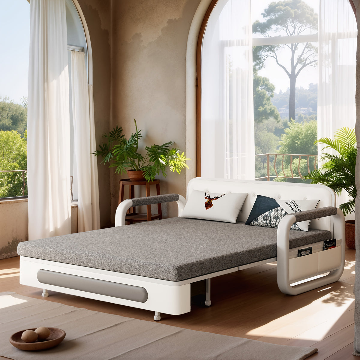 NessCarsti 3-in-1 Convertible Sofa Bed with Storage Cabinet - Space-Saving Sleeper Sofa, Modern Linen Upholstery, Sturdy Hardwood Frame - for Small Apartments, Living Room, Bedroom - No Assembly Required, Easy Conversion Betw