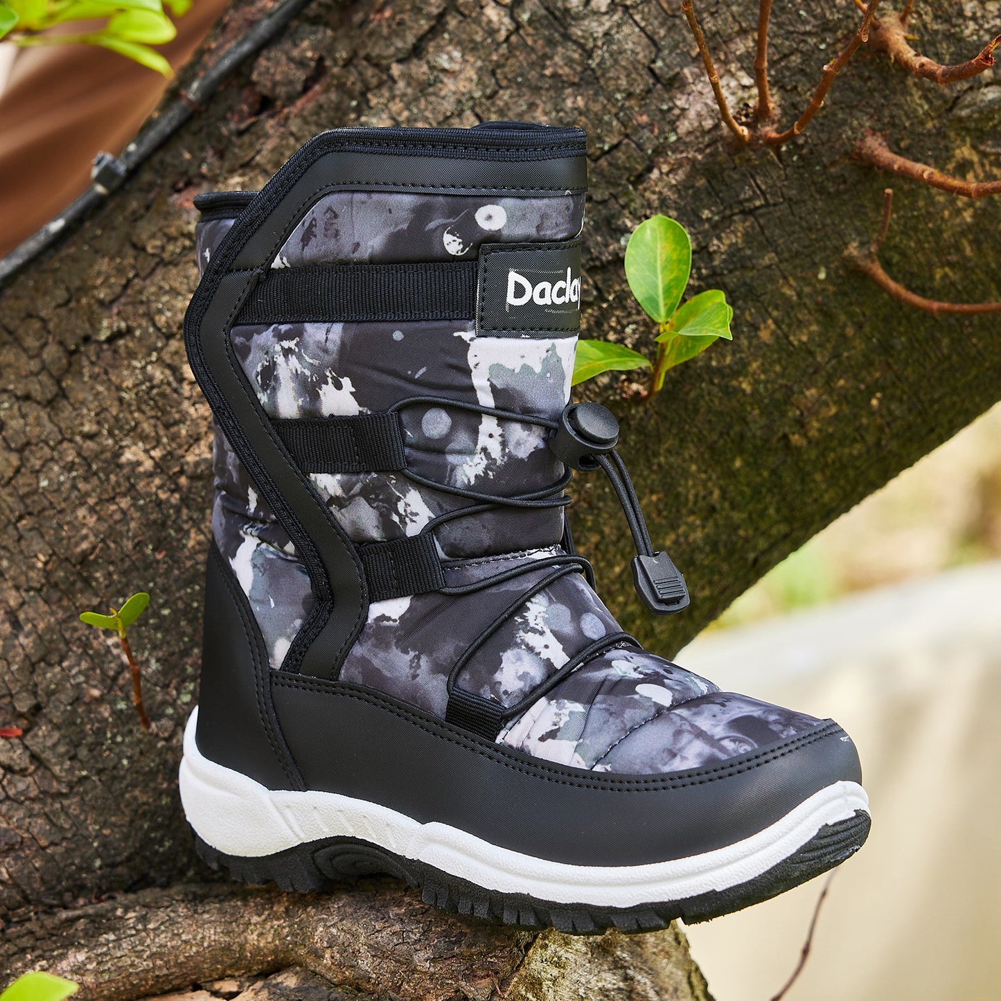 & Winter Snow Boots with -Like - High-Top Warm Shoes, Closure & Traction Soles, Grey/White Camo/Celtic Knot Design (Snap Button/Lace-Free) - Cold Weather Outdoor Winter Footwear