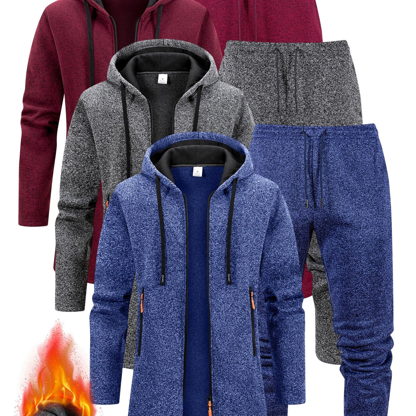 Three Interchangeable Korean-Style Casual Outfits for Men • Trendy Colors That Exude Sophistication • Comfortable And Warm Set Includes a Hooded Fleece Jacket • Drawstring Pants That Have Pockets