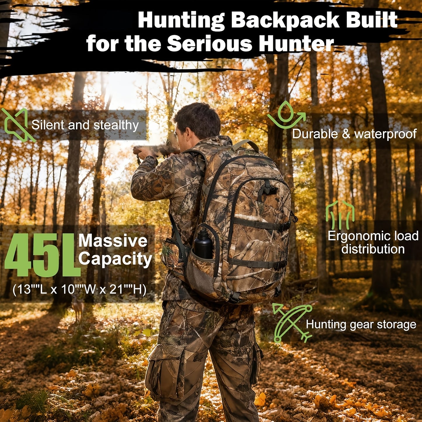 11.89gal Backpack with Rain Cover & Scabbard | Keep Your Deer Hunting Essentials Secure, Brown Polyester, Zipper Closure | Great Gift for Outdoor Men