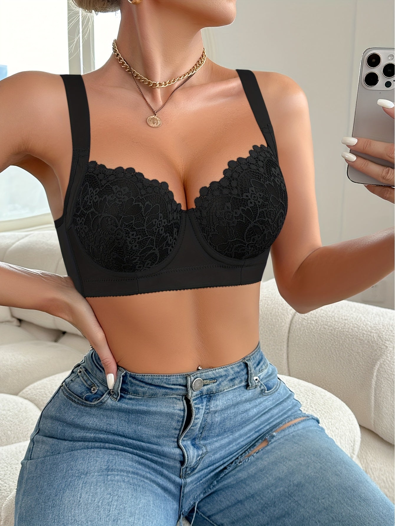 [Elegant Lace Bras] 3pcs Elegant Lace Women's Bras | Push-Up Underwire, Non-Removable Pads, Comfortable Support, Contrast Lace Trim, Solid Color (White/Black/Navy) - Hand Wash Only, Local Warehouse Fast Delivery