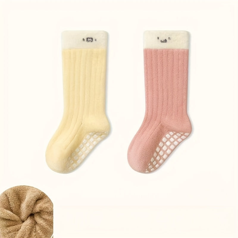2-Pack Kids Floor Socks, Autumn/Winter Fleece-Lined Thick Warm Unisex Baby Mid-Calf Socks, Toddler Non-Slip Walking Socks