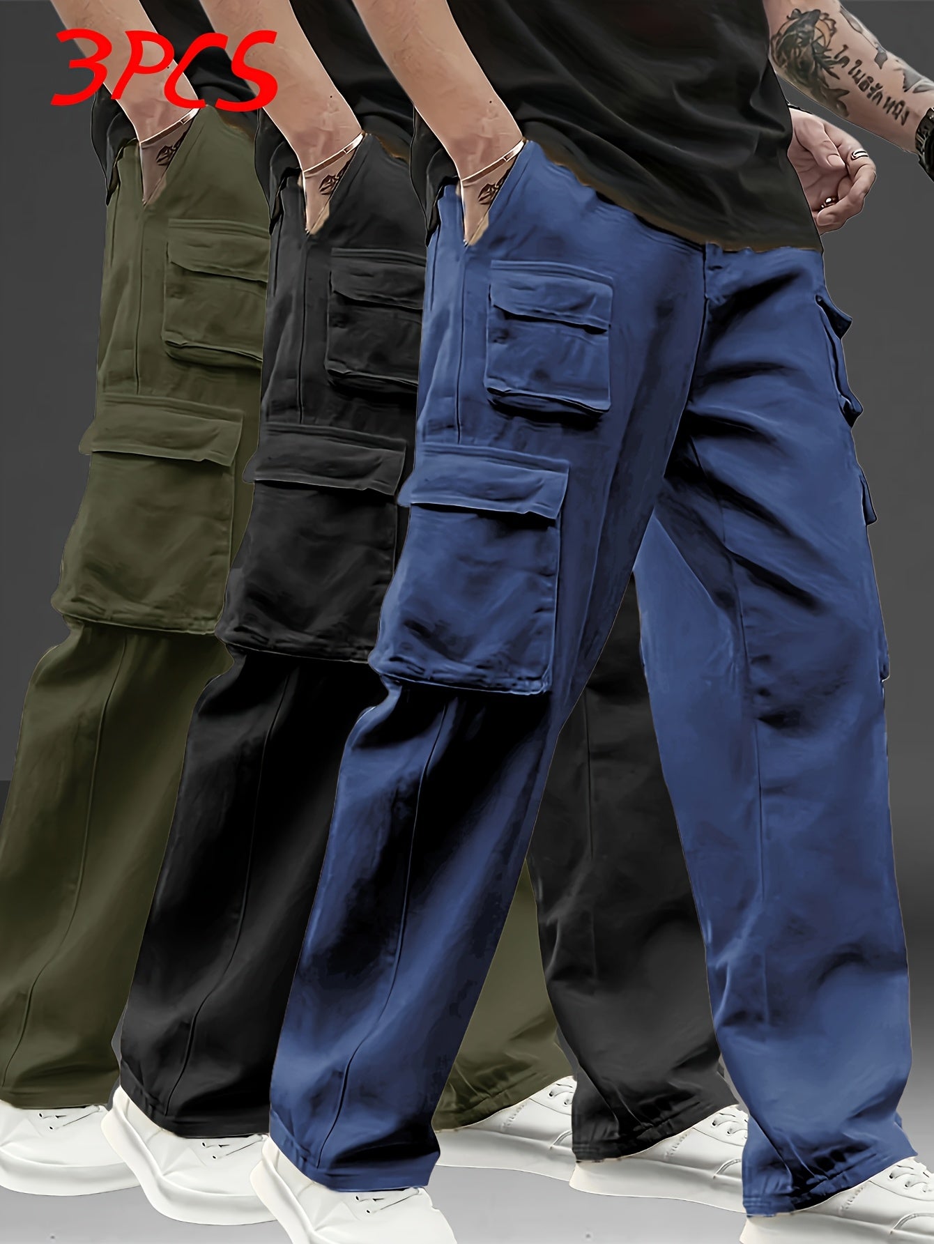 3pcs Men's Multi-Pocket Cargo Pants: Features a Trendy Loose Fit and Durable Design, Making Them Versatile Casual Work Pants Perfect for Outdoor Sports, Daily Wear, Travel, and Various Other Occasions.