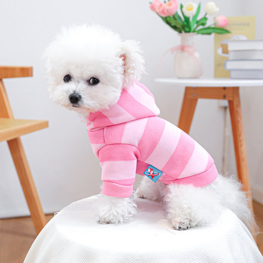 1pc Pink & White Striped Women's Style Puppy Hoodie Jacket for Small/Medium Dogs - Full-Zip Hooded Sweater, Soft Warm Winter Outfit, 100% Polyester Knit Pet Clothing for Pomeranian, Chihuahua, Shih Tzu