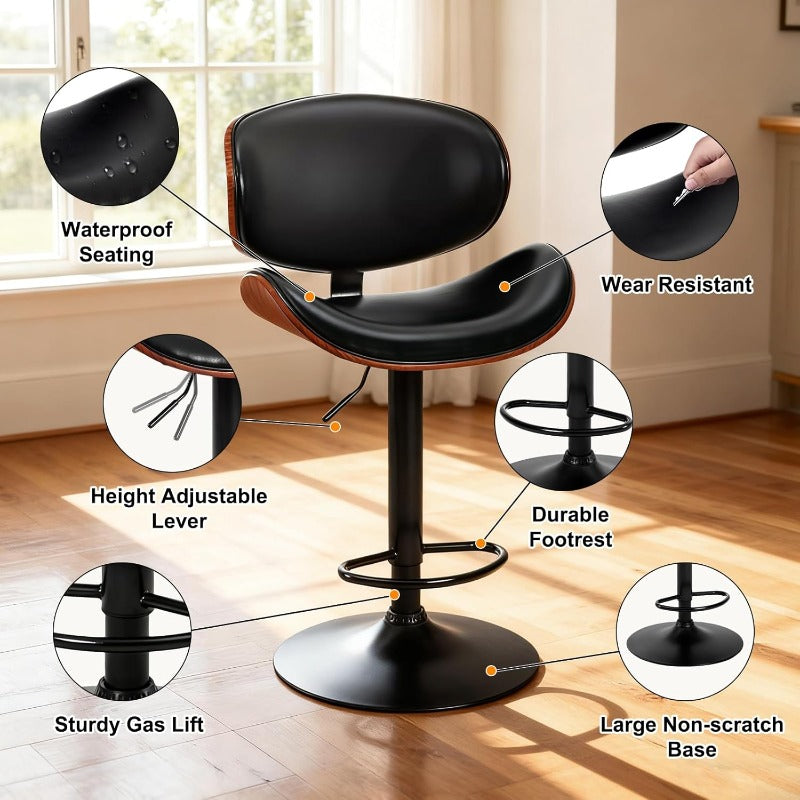 Bar Stool Set (2-Piece/4-Piece/6-Piece), Adjustable Bar Height, PU Leather-Covered Seat, Ergonomic Backrest and Footrest, Non-Slip Rubber Base, Suitable for Bars and Home Kitchen Islands, Black