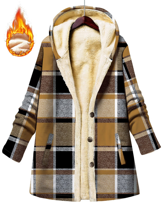 [Cozy Fleece Hooded Jacket] Women's Cozy Fleece-Lined Hooded Jacket - Plaid Pattern, Long Sleeve, Button-Up Front, Flared Hem, Casual Winter Outerwear for Fall & Winter, Brown & Plaid, Winter Jacket, Fall Fashion, Elegant Sty