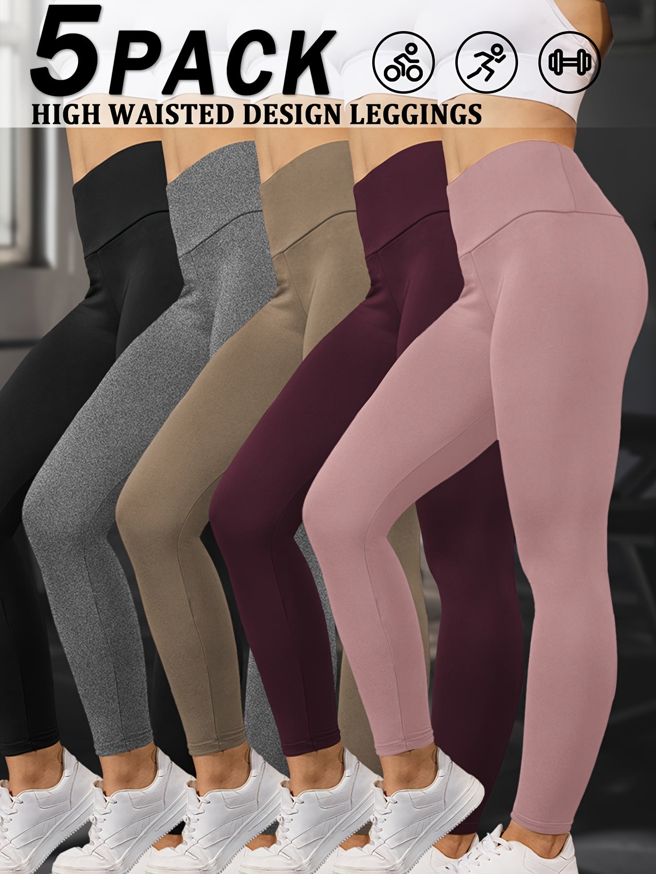 Set of 5 Ultra-Soft Leggings for Ladies, Featuring a High Waist for Tummy Support, Designed for Workouts, Yoga, And Running Without Being See-Through
