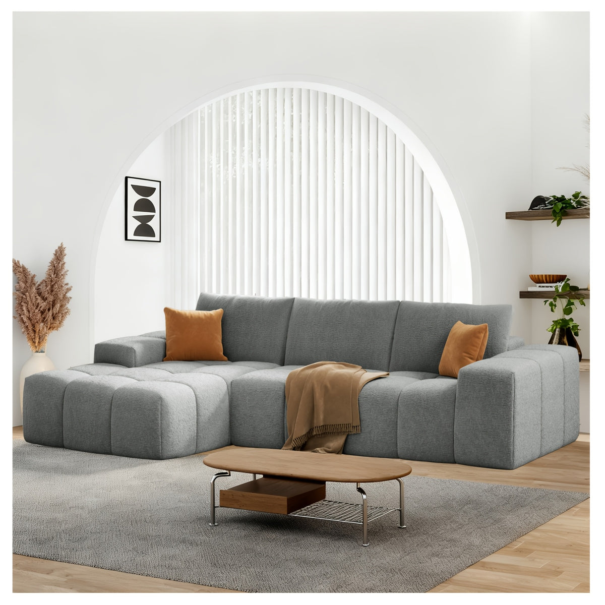L-shaped Multi-functional Sofa Bed, Modern Fabric Sofa, Extra-large Frameless Living Room Sofa, Modern Minimalist Style with Ergonomic Design, No Assembly Required, Deep Seat Design with 3 Throw Pillows, Soft Fabric Finish (m
