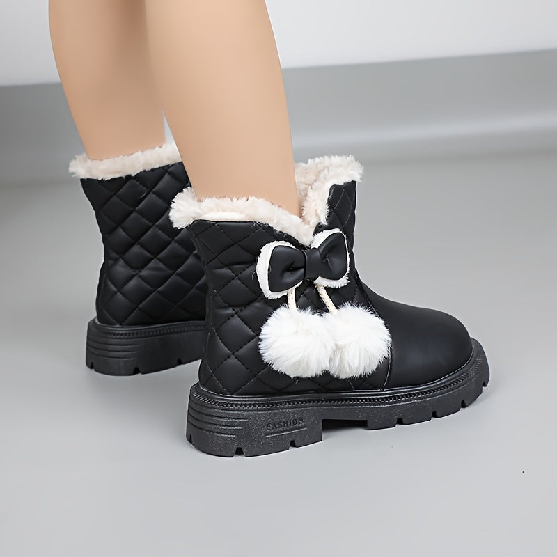 Girls' Winter Boots - Slip-On Mid-Calf Snow Boots with Plush Lining, Non-Slip Rubber Sole - Cute / Brown/ - Warm Winter Shoes for School, Playdates, Thick, Winter Boots For Girls, School Footwear, Playdate Footwear, Durable F