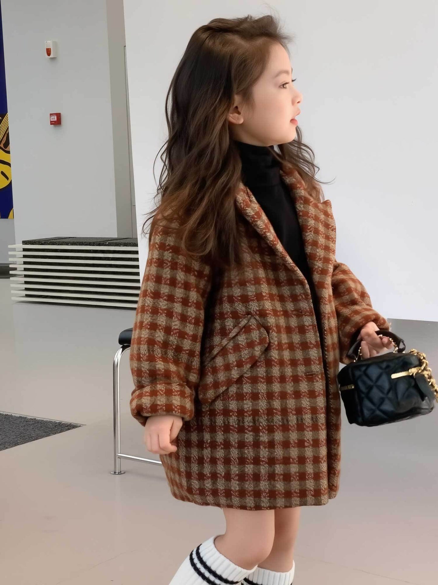 Girls' British Style Tweed Coat - Soft Warm Fleece-Like Jacket, Houndstooth & Plaid Lapel Collar, Notched Lapel Mid-Length Coat for, Parties & Daily Wear - Winter Outerwear for Older Kids (Brown/Black/Beige)
