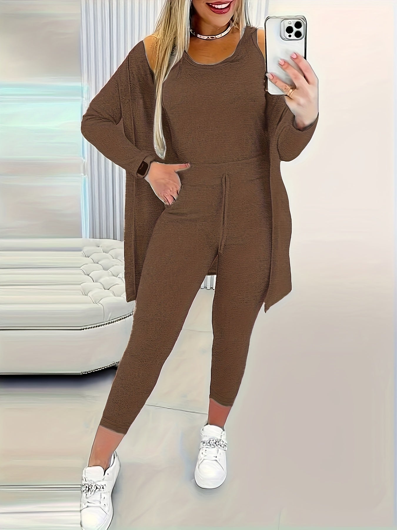 [Women's 3-Piece Set] Women's Fashion Three-Piece Set - Solid Color Long-Sleeved Long Pants Suspender Home Wear Set