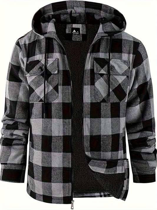 2pcs Men's Heavyweight Winter Jacket & Coat Set - Plaid Hooded Outdoor Windproof with Zippered Pockets, Machine Washable Cold-Weather Outerwear (Jackets/P Coats)