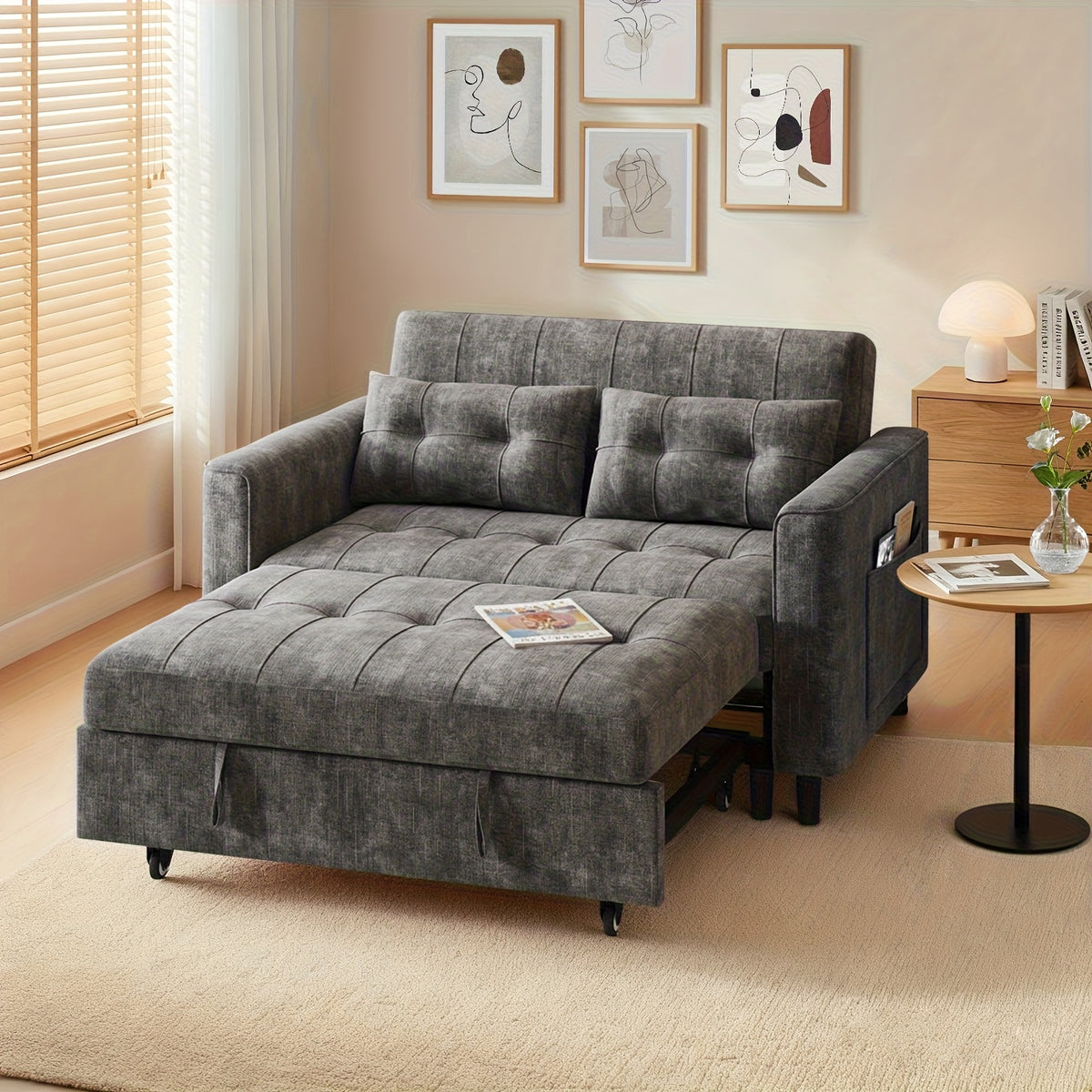 Convertible 3-in-1 Sofa Bed, Foldable Sleeper Chair with Pull-Out Design with Soft Chenille Fabric and Pull-Out Sleeper, Sturdy Wood Frame, Adjustable Backrest, Side Storage Pockets, Space-Saving Modern Sofa Bed for Living Ro