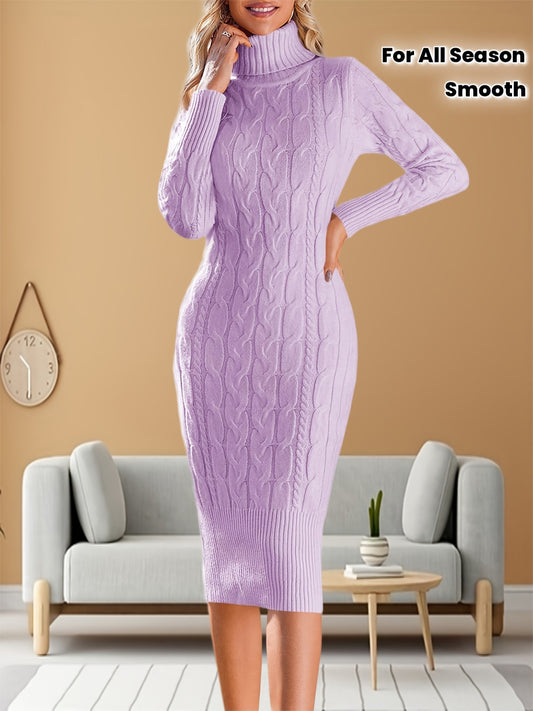 Women'S Elegant Sweater Dress - Long Sleeve Turtleneck Bodycon Midi Sheath Dress with High Neck & Vertical Stripes, Solid Color (Mustard-Yellow/Black/Navy) | All-Season Casual to Formal Outfits | Cozy & Structured Fit | Easy-