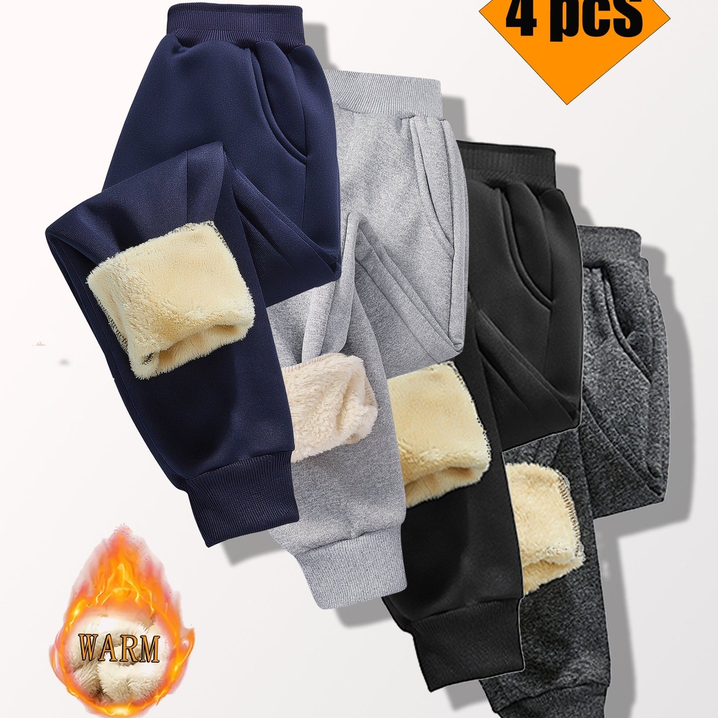 4pcs ' Autumn & Winter -Lined Warm Thickened Cold-Resistant ' Pants, Elastic Waistband, Cuffed Legs, Unisex Style, Perfect for Outdoor, Cold Weather Pants, Cuffed Leg Design, Casual Kids Wear, Thickened Fabric, Cozy Winter Ma