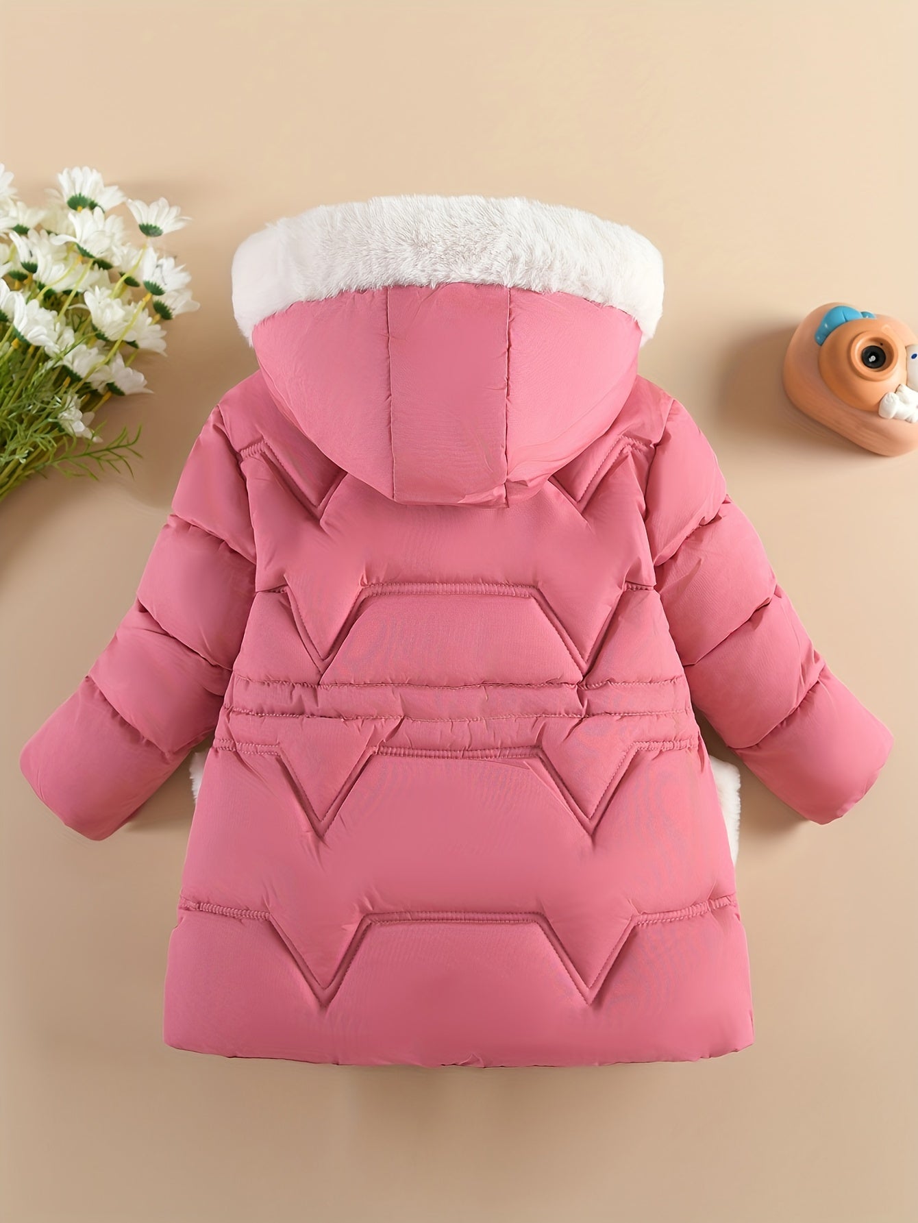 Girls' Pink Winter Snowsuit with Hooded Collar & Gloves - Cozy Mid-Length Jacket, Long Sleeve, Zip-Up, Lining, Flared Hem, Regular Fit, Fall/Winter Outerwear