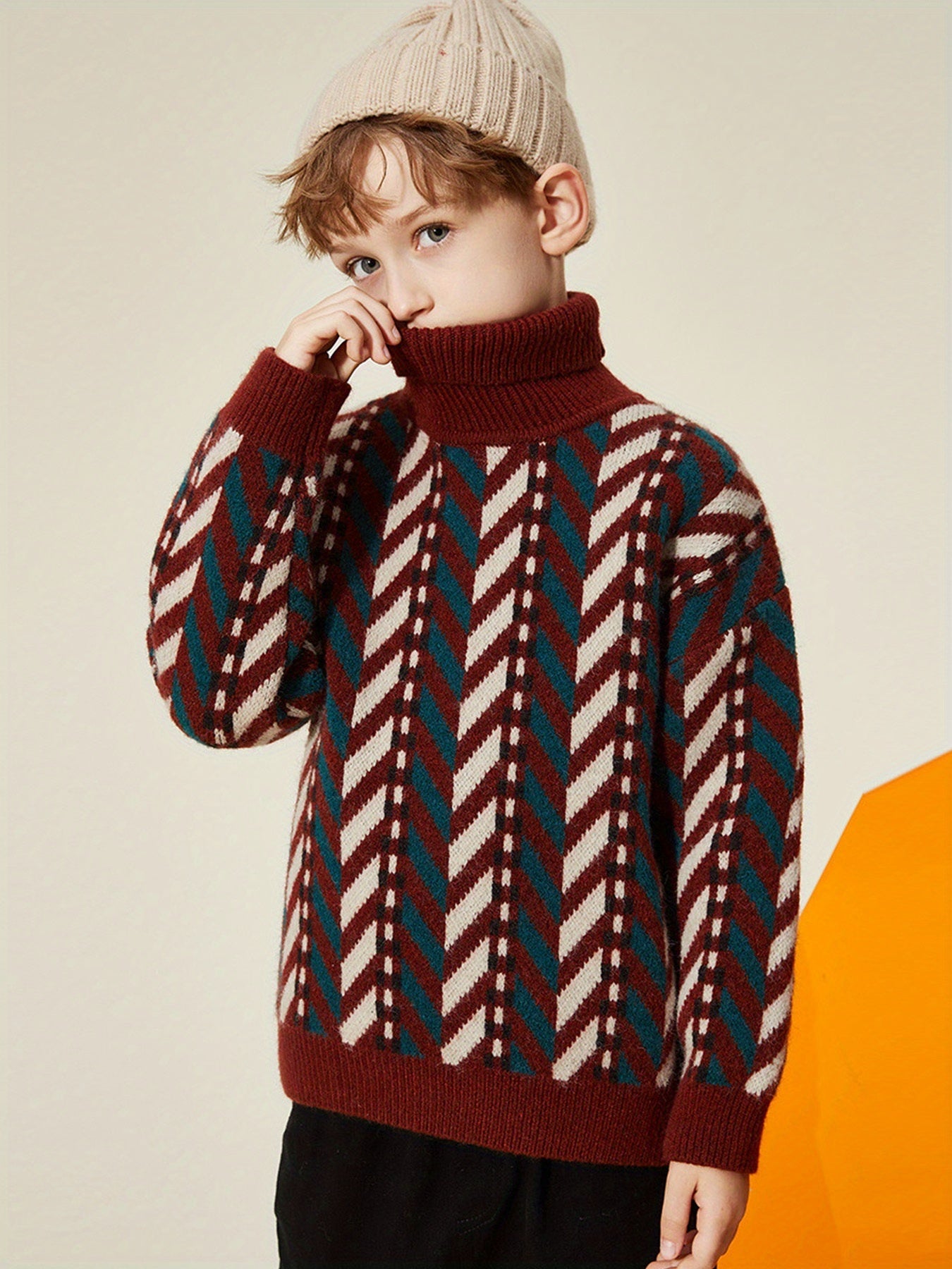 ASK JUNIOR Boys' Winter Warm Sweater - Thickened Knit Sweater with Color Block Design, Long Sleeve Round Neck Pullover for Boys, Cozy Winter Sweater for School, And Casual Wear, Winter Sweater, School Outfit, Classic Knitwear