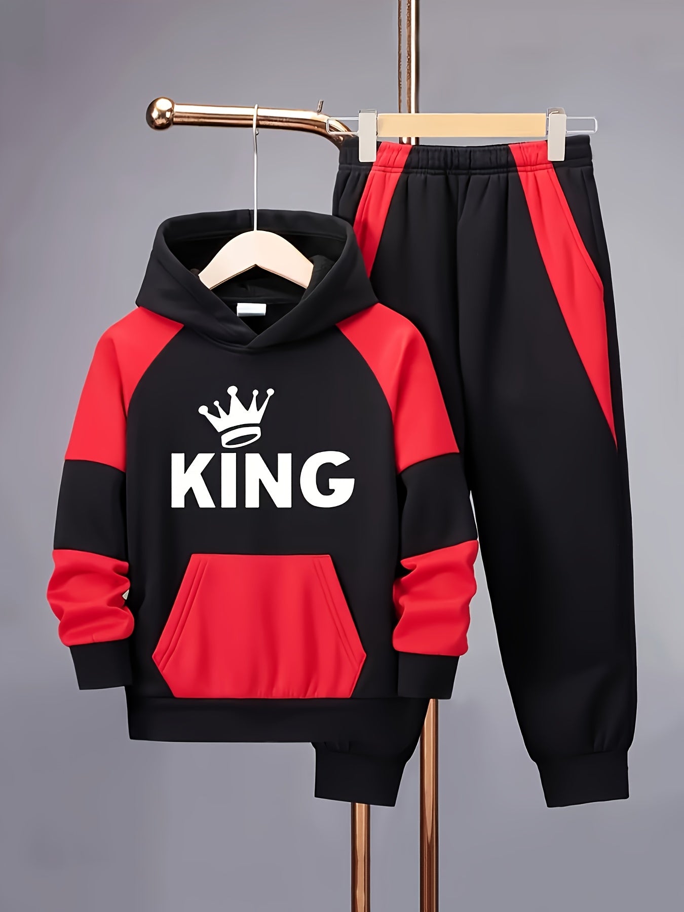 Boys' 2pcs Fleece-Lined Hoodie & Jogger Pants Set with "KING" Print - Warm Winter Sports Outfit, Casual Athletic Wear for Outdoor Play, Black & Red Design, Long Sleeve, Polyester, Perfect for Fall/Winter, Everyday Youngsters'