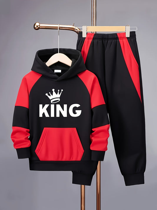 Boys' 2pcs Fleece-Lined Hoodie & Jogger Pants Set with "KING" Print - Warm Winter Sports Outfit, Casual Athletic Wear for Outdoor Play, Black & Red Design, Long Sleeve, Polyester, Perfect for Fall/Winter, Everyday Youngsters'