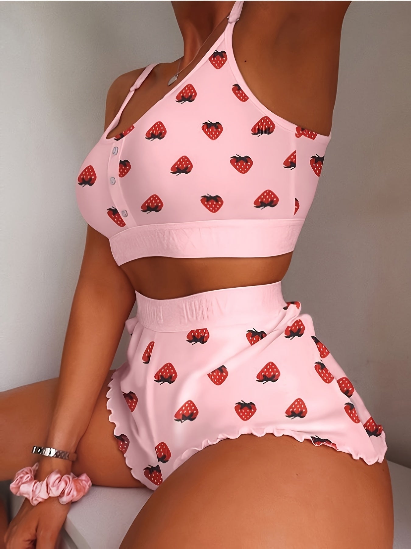 3pcs Set: Elegant Women's Home Sleepwear Set with Lip Print, Strawberry, Splashed Ink, 3 Types Of Prints, Soft And Comfortable Fabric, Perfect Gift