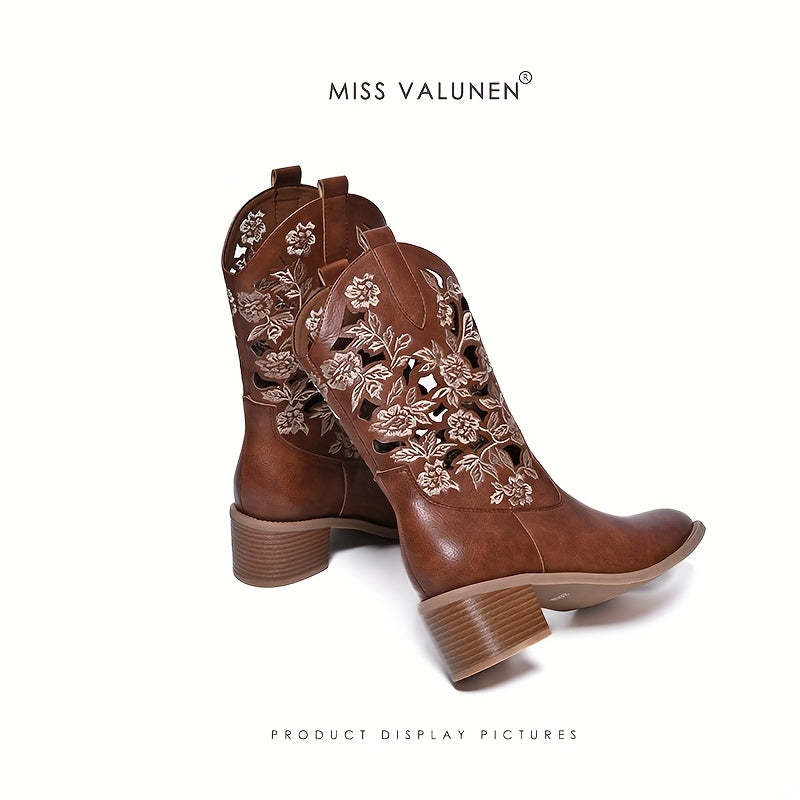 Women'S Western Cowboy Boots - Slip-On Floral Embroidered Hollowed Out Design, Pointed Toe Mid-Heel with Rubber Sole & Insole, Genuine Leather Upper for Grassland Outfits & Casual Wear, Cowgirl Boots, Embossed Boot Design, Du