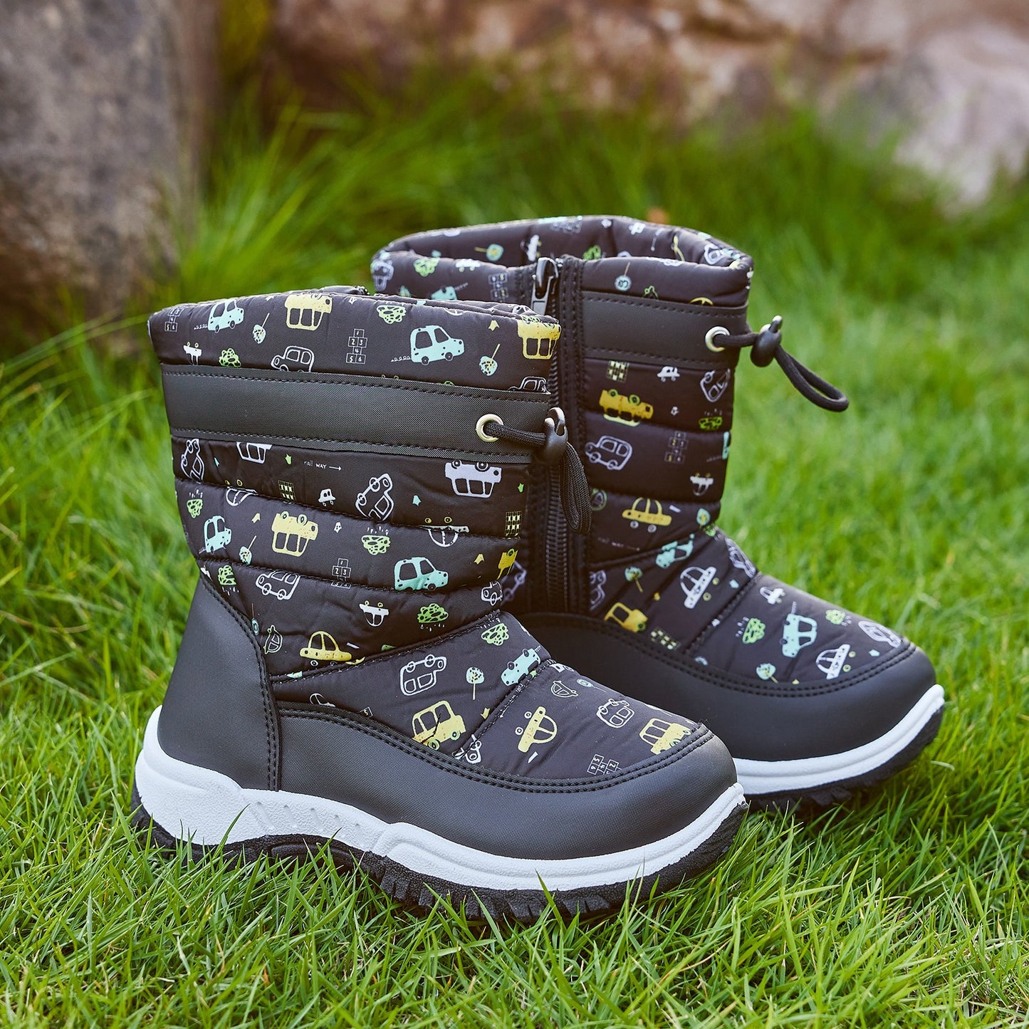 DACLAY Girls' & Boys' Snow Boots - High-Top Winter Warm Jacket-Like, Slip-On/Ratchet Closure, Rubber Sole Traction, All-Terrain Vehicle (ATV) & Car-Themed Snow Booties for, Cold Weather Outdoor Shoes