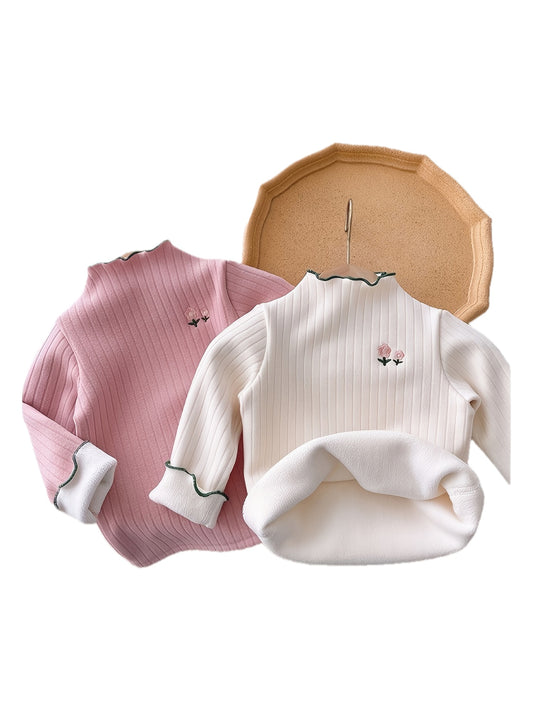 Girls' Two-Piece Stylish -Lined Base Layer Top, Autumn-Winter Floral Versatile Baby Top, Thickened Warm T-Shirt, Cozy and Fashionable, Essential for Girls, Winter Clothing, Cold Weather Wear, Warm Fabric, Fleecelined Top, Lon