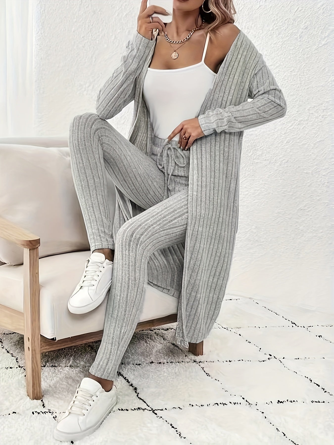 New Women'S Brushed Wide Ribbed Solid Color Long Sleeve Long Cardigan And Pants Set