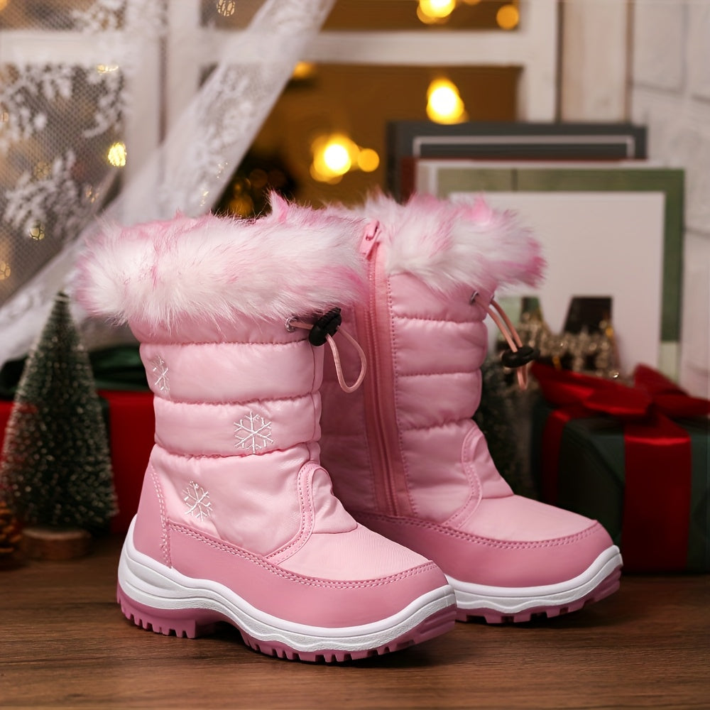[Winter Snow Boots] Boys & Girls Winter Snow Boots - Warm High Quality Slip-Resistant Cold Weather Kids Boots with PVC Sole, Mid-Calf Zipper Closure & Floral Pattern Upper for Ice, Snow, Slush - Outdoor Winter Footwear for, P