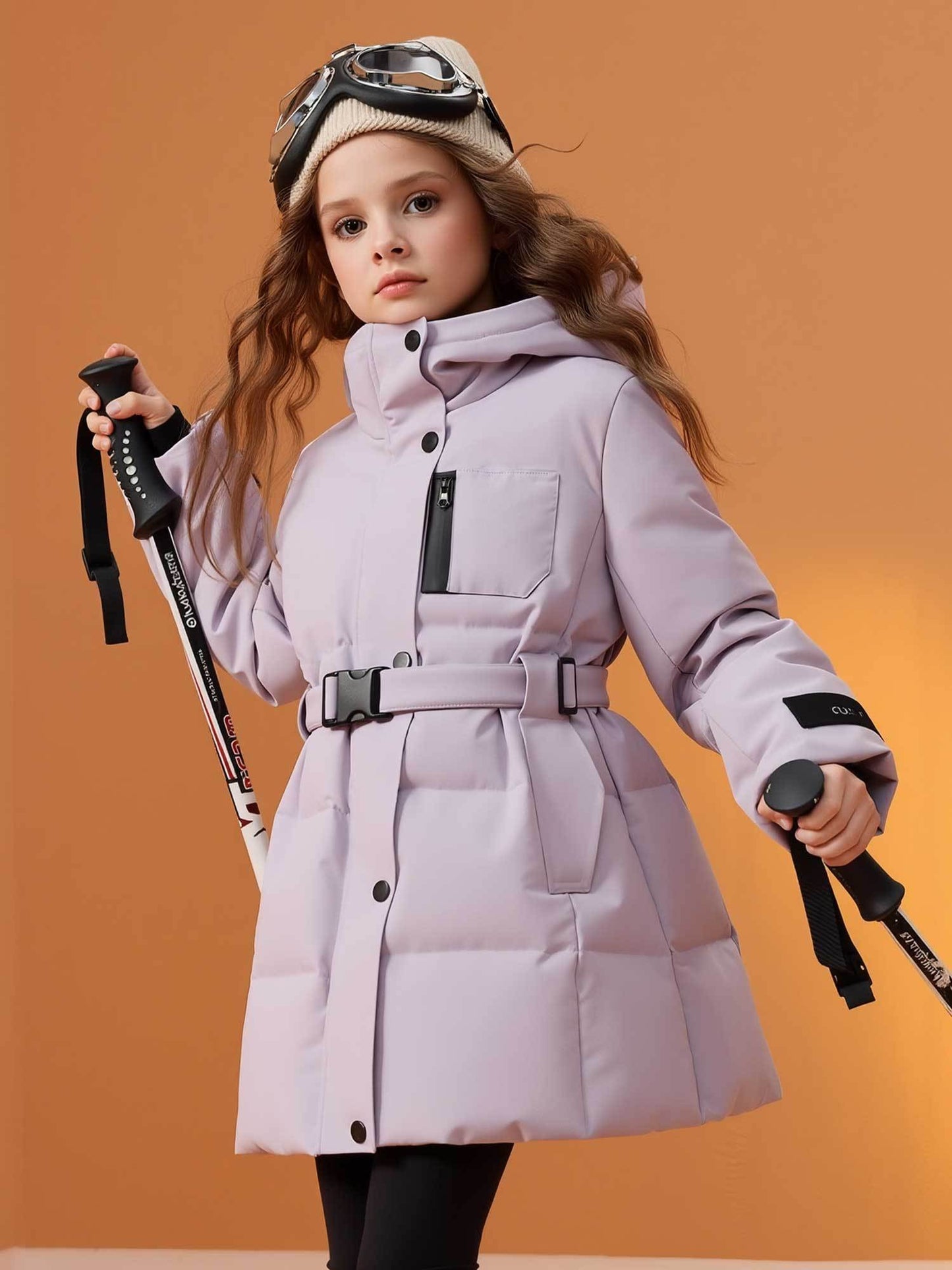 Girls' Thickened Winter Coat with Hood & Belt - Mid-Length Warm Jacket, Loose Fit Full-Zip Outerwear, Soft Pastel Purple, Insulation for Skiing, Winter Jacket For Girl, Winter Coat For Girl, Girl Winter Jacket, Girl Winter Co