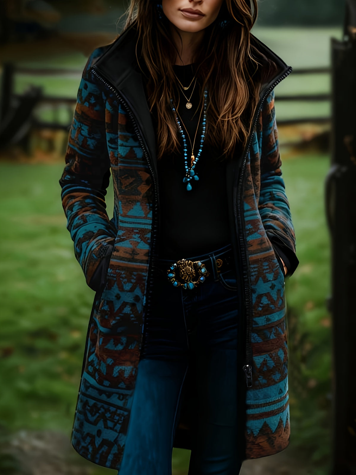 Vintage Ethnic Print Midi Trench Coat, Blue and Brown Print with Chic Vintage Style, Sharp Stand Collar Design, Western Vintage Style, American Country Outfit