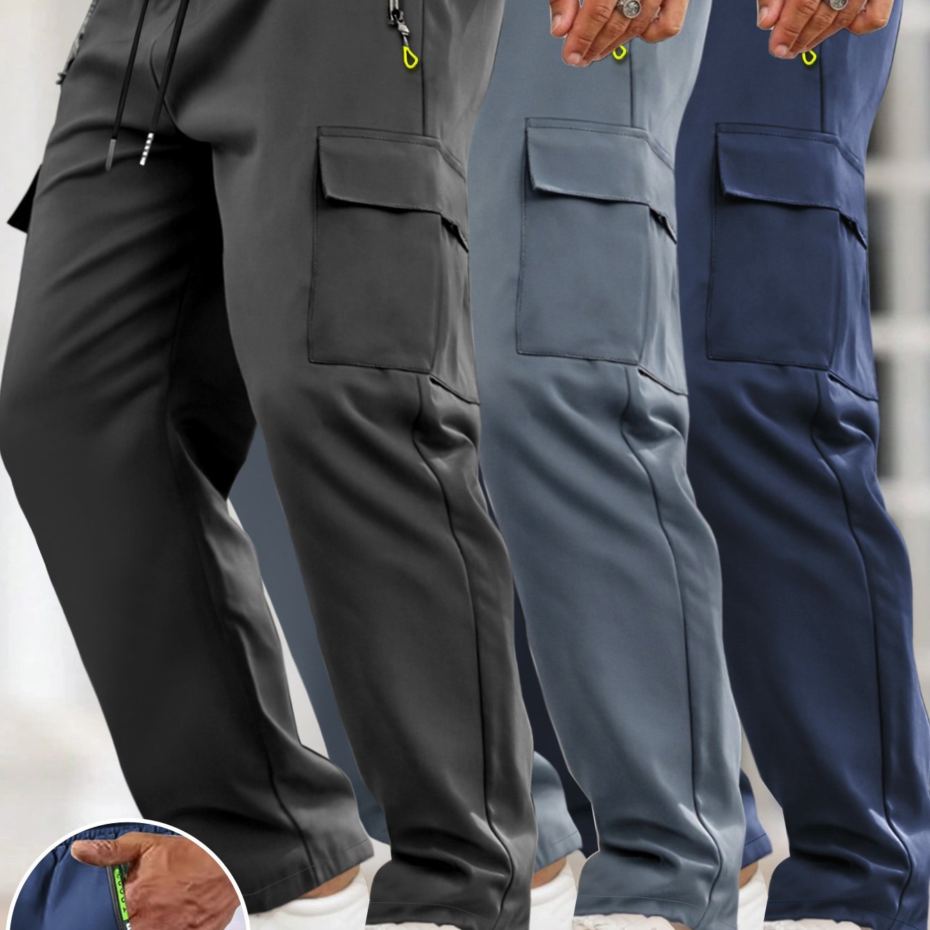 [3pcs Men's Cargo Pants] 3pcs Lightweight Men's Cargo Pants | Drawstring Elastic Waist, Multiple Zipper Pockets & Large Side Pockets | Breathable Regular Fit Casual Outdoor Pants for Spring/Fall (Black/Grey)