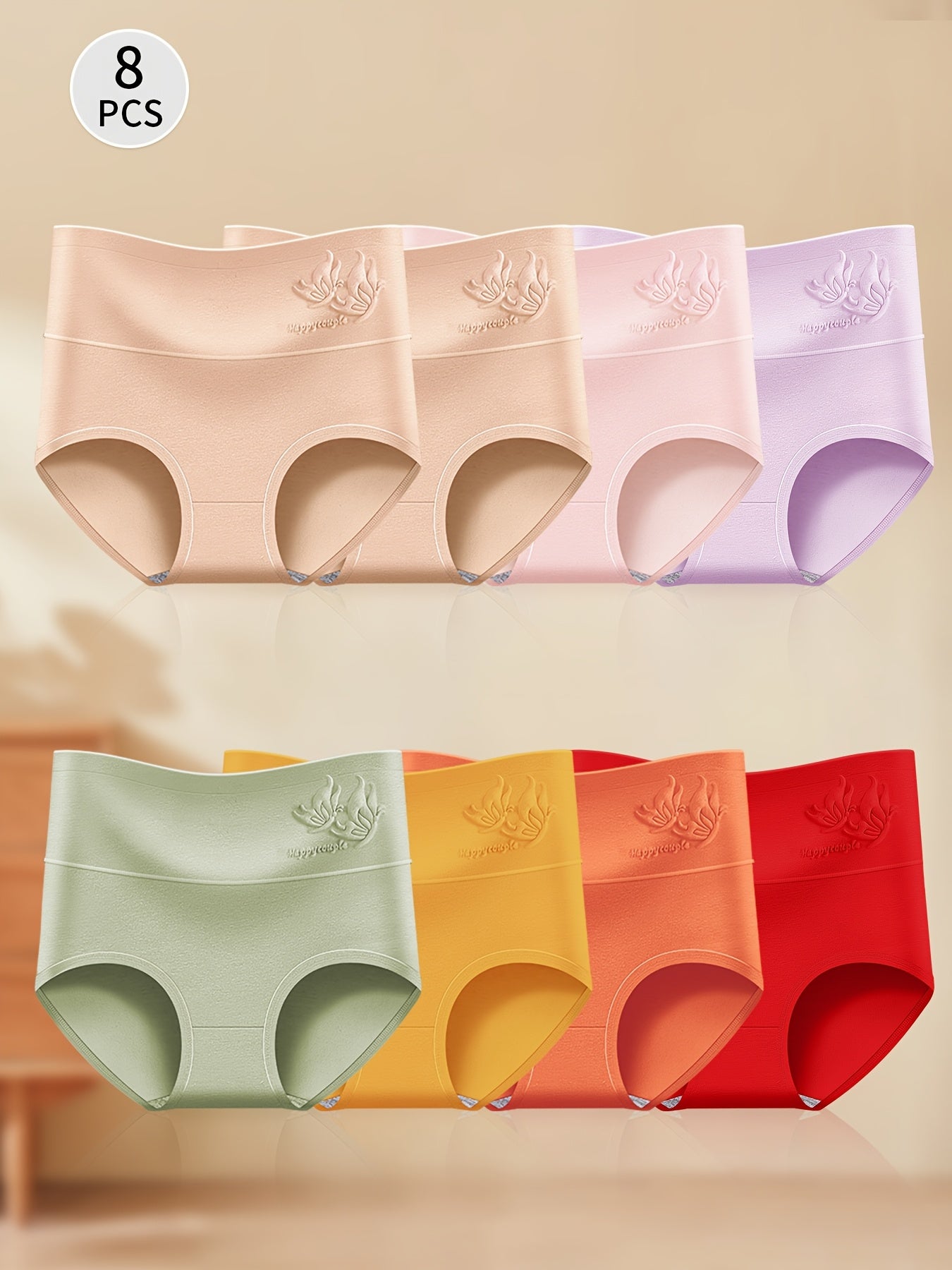 8pcs Fall/ Winter High-Waisted Women's Panty Set Made with comfortable, breathable fabric Features a butterfly-print elastic waistband High-waisted Women's panties Comfortable Women's underwear Durable Women's panties, Daily