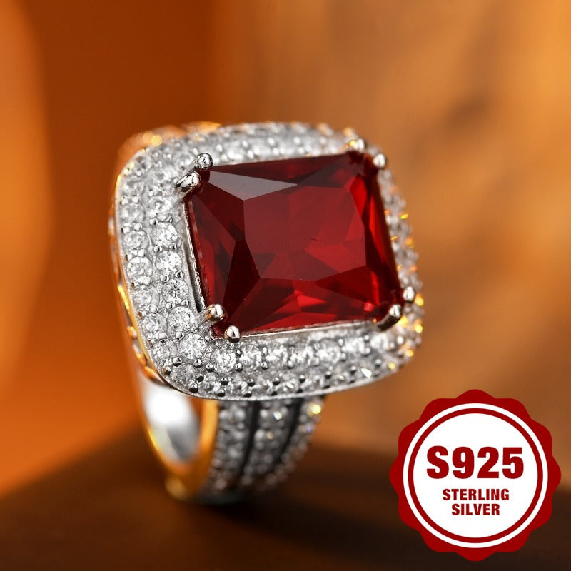 925 Sterling Silver Lady'S Ring, with Luxurious And Fashionable Design, Red Princess Square Cut, Set with 5A Zirconia Stones, Suitable for Daily Wear, Engagement Ring, Parties, As A Gift for Your Girlfriend