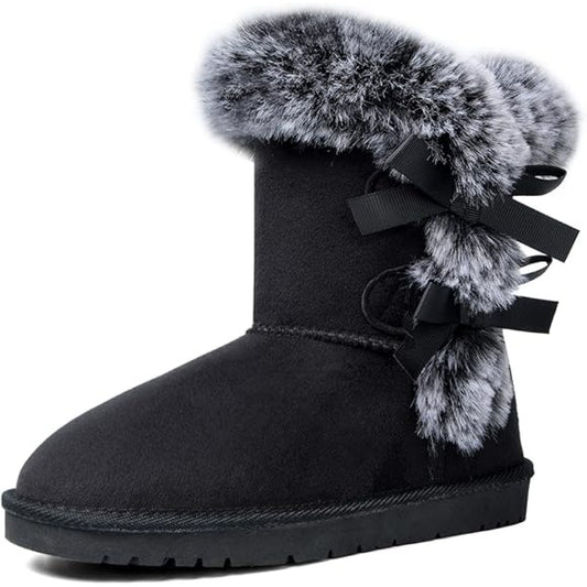 Women's Winter Snow Boots with Plush Lining - Warm Mid-Calf Cold-Resistant Ice/Slush Boots, Traction TPR Sole & Round Toe, Cozy White/Black Footwear for Snowy Sidewalks, Driveways & Icy Roads - All-Day