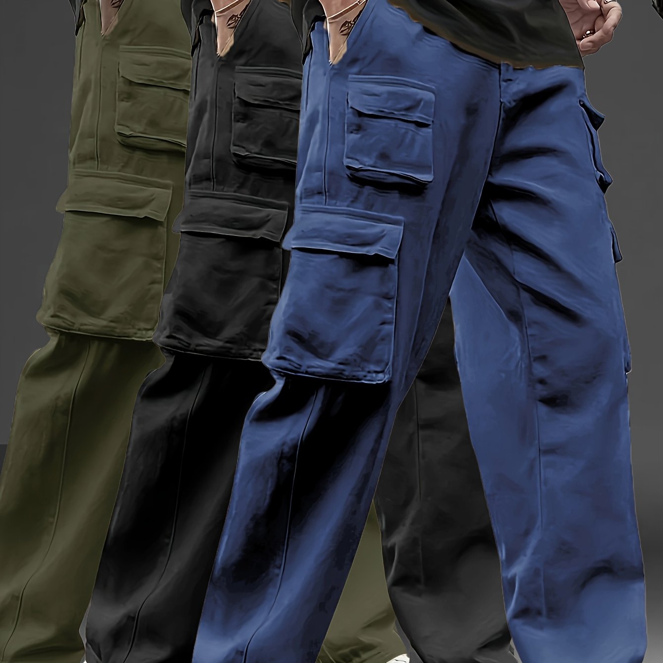 3pcs Men's Multi-Pocket Cargo Pants: Features a Trendy Loose Fit and Durable Design, Making Them Versatile Casual Work Pants Perfect for Outdoor Sports, Daily Wear, Travel, and Various Other Occasions.