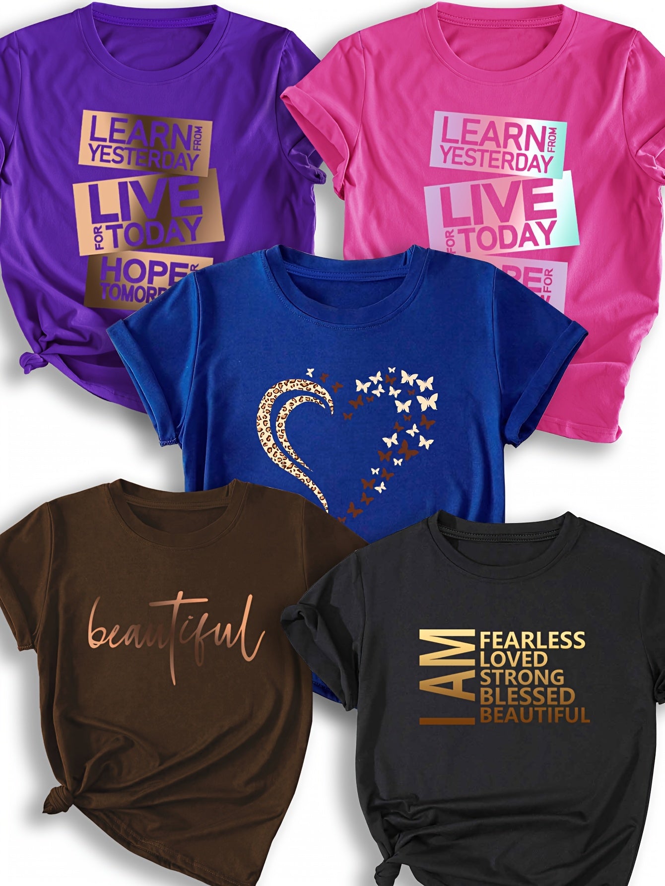 [Casual T-Shirts] 5pcs Women's Casual Crew Neck T-Shirts - Polyester, Short Sleeve | Inspirational Print Tee | Comfortable Fit Tee, All-Season, Round Neck