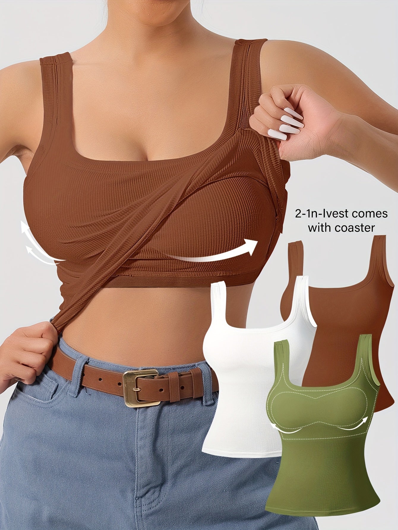 Women's 3Pcs U-Back Tank Tops With Removable Pads, Slim Fit Solid Color Versatile Inner & Outerwear Camisole Vest Set Casual Style