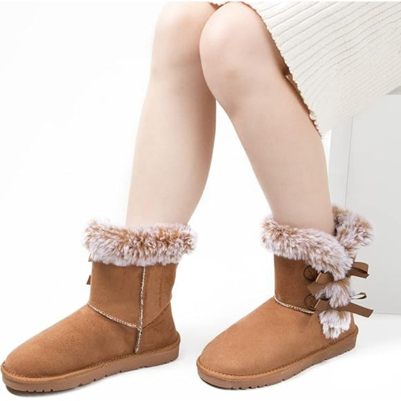Women's Winter Snow Boots with Plush Lining - Warm Mid-Calf Cold-Resistant Ice/Slush Boots, Traction TPR Sole & Round Toe, Cozy White/Black Footwear for Snowy Sidewalks, Driveways & Icy Roads - All-Day