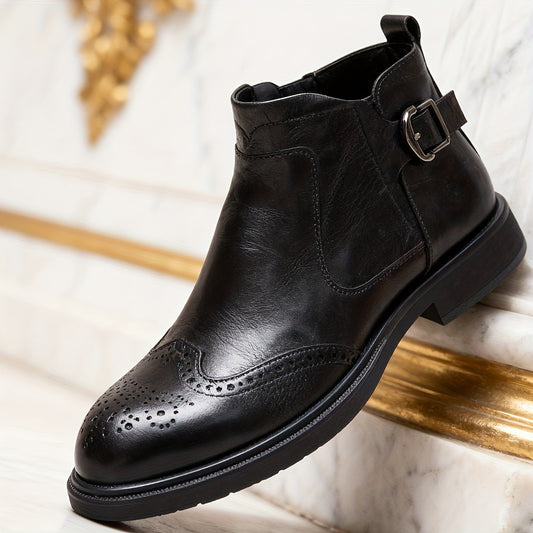 Men's Genuine Leather Winter Chelsea Boots with Fur Lining & Wingtip Brogue - Slip-Resistant Rubber Sole, Top-Grade Cowhide Ankle Boots Suitable for Business, Wedding, Office & Formal Events - British Style Winter Footwear