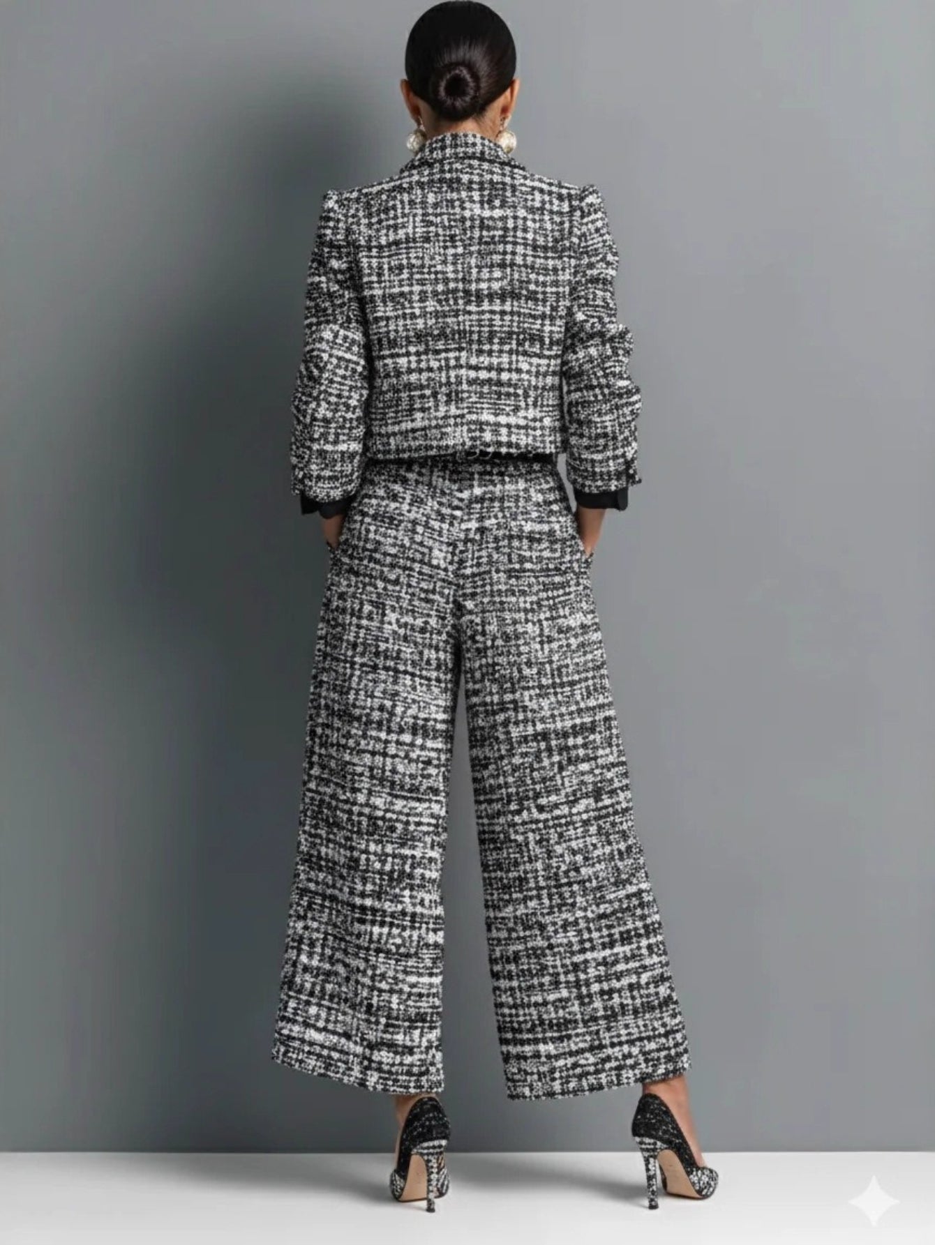 Plus Size, HERTALK's new lapel slim Women's style long-sleeved short jacket paired with wide-leg pants set