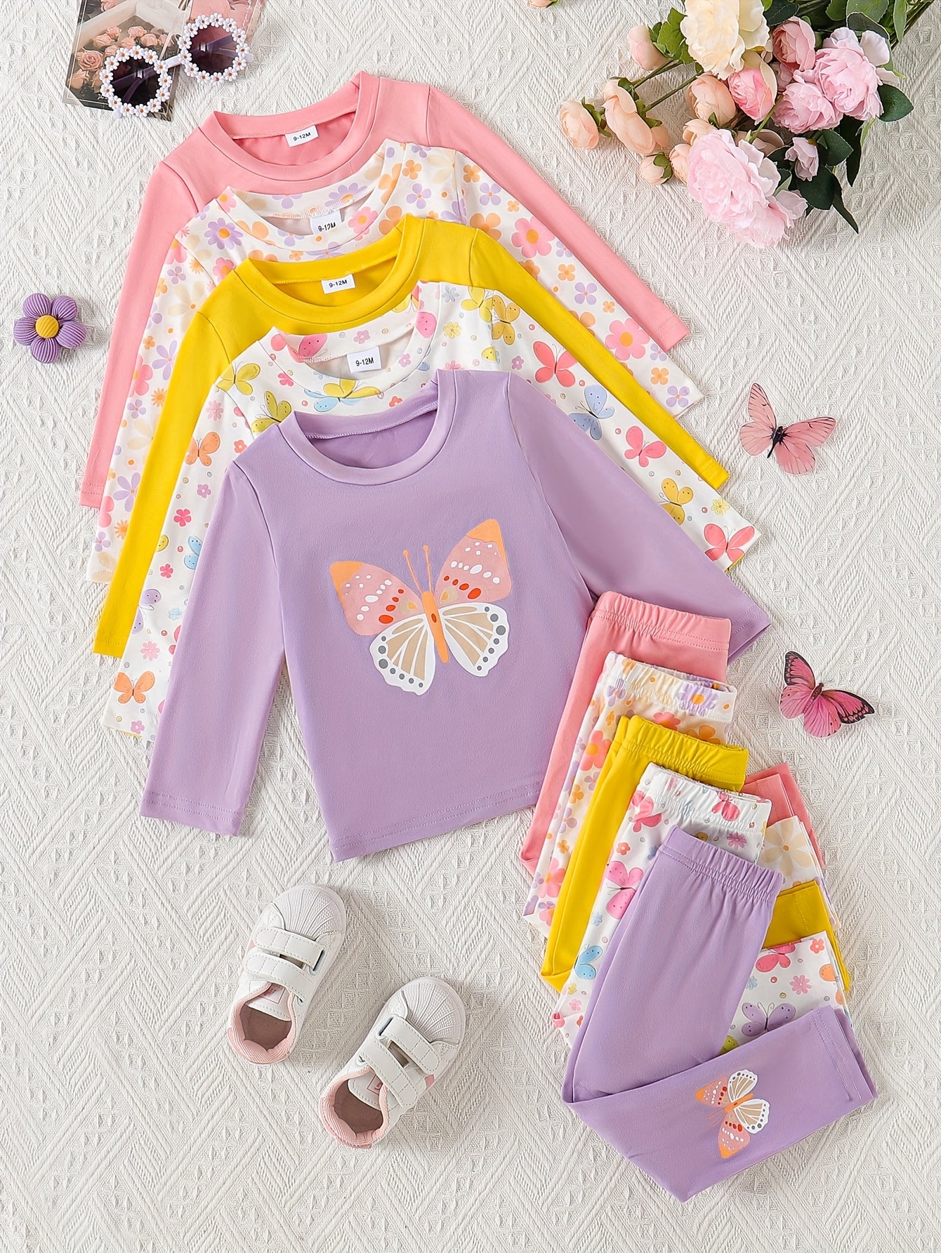 10pcs Baby Girls' Casual Long Sleeve & Pants Set - Cute & Heart Print, Soft Stretchy Fabric, Loose Fit, Spring/Fall Outdoor Playwear, Perfect for Daily Wear, for Outdoor