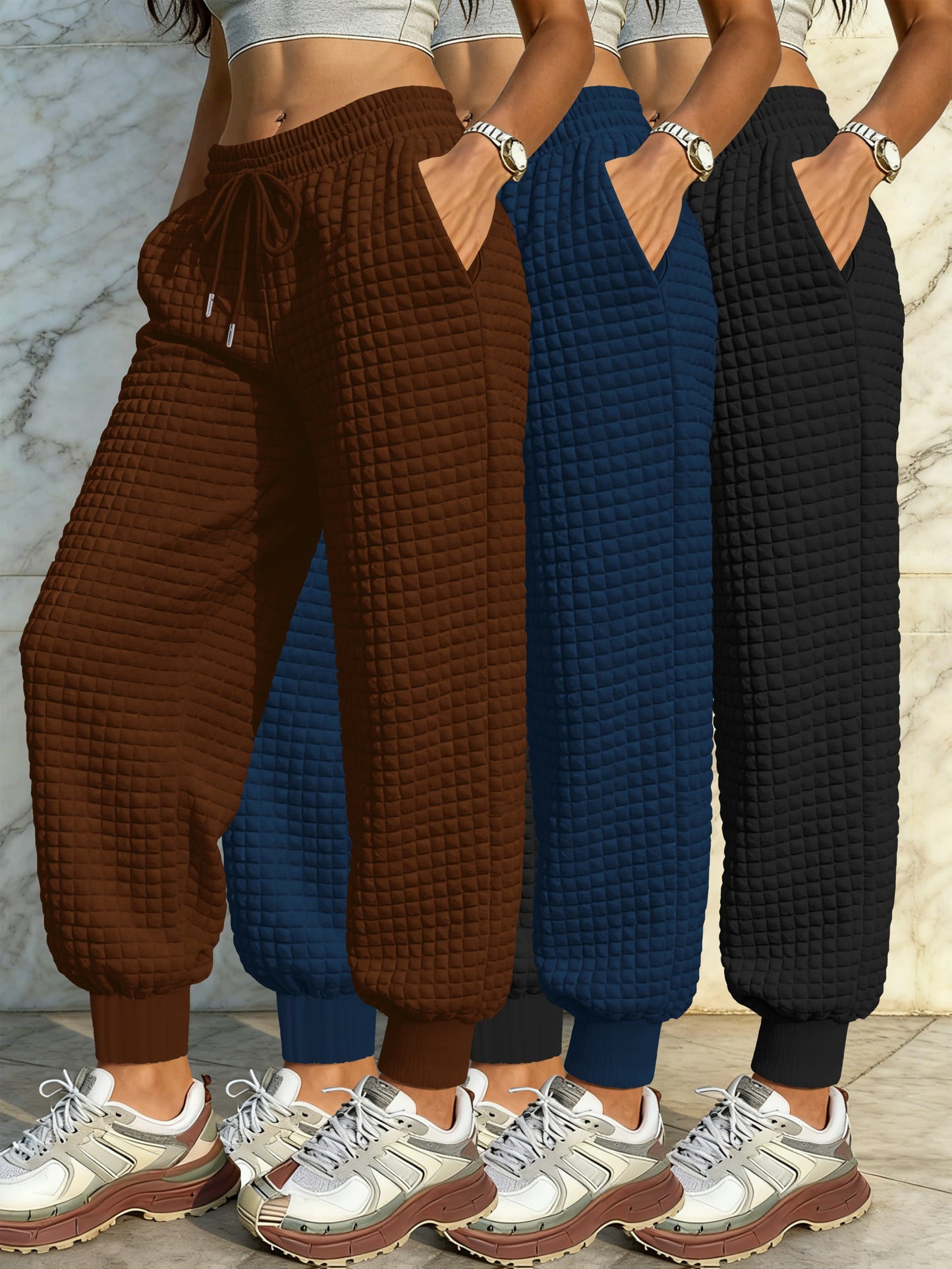 [Women's 3pcs Casual Set] Women's Casual 3pcs Set - Solid Color Waffle Drawstring Ribbed Trousers - Polyester - Machine Washable - Suitable for Casual Attire