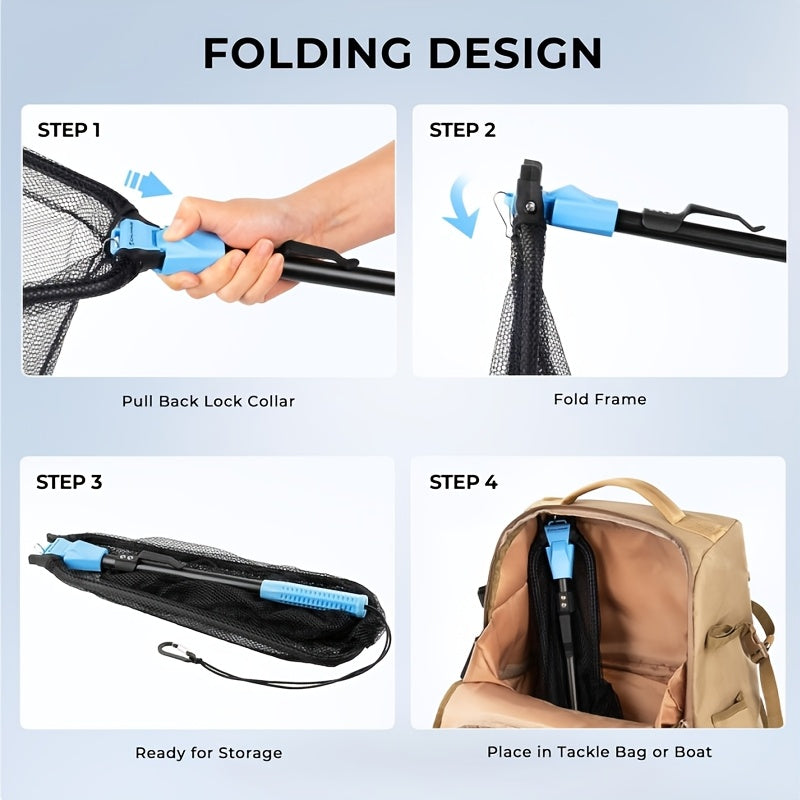 1 Triangle Fishing Net | Foldable, Lightweight & Strong Landing Net with Non-Slip Elastomer Handle, Built-in Elastic Lanyard and Belt Clip, Aluminum Alloy - Ideal Gift for Men