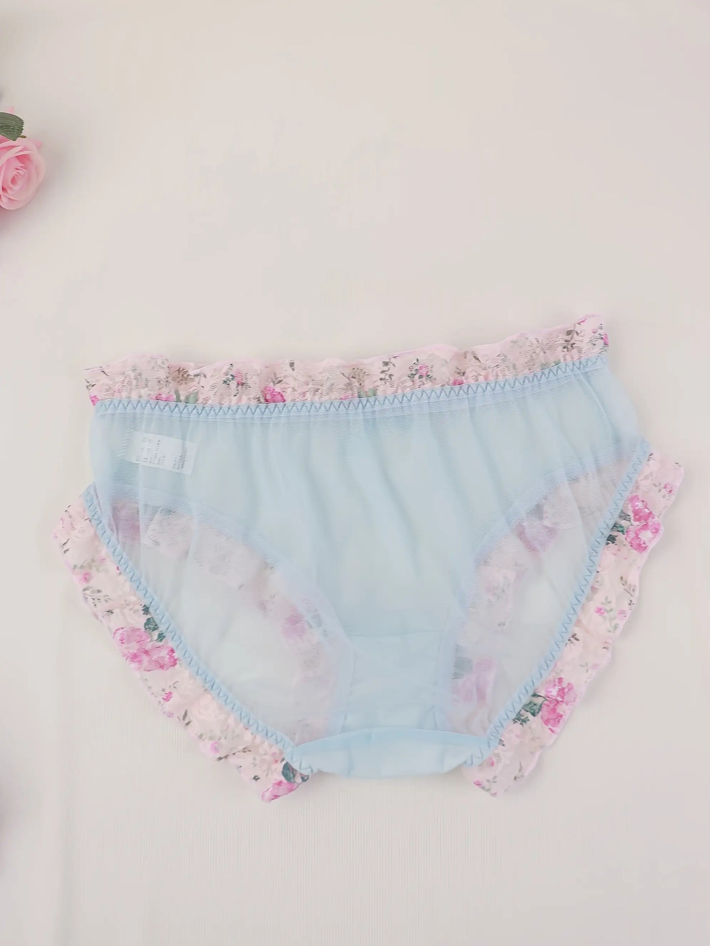 5pcs Set Women's Plus-Size Sheer Mesh Underwear - Sweet & Lace Trim with Ruffled Edges & Bow Accent, Pastel Colors (Pink, Blue, Lavender, Mint, White) - Semi-Transparent Comfortable Everyday Panties, Machine Washable, Multi-C