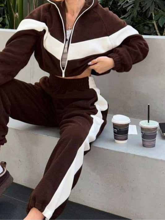 Women'S Casual Sports Suit - Zipper Cardigan & Long Pants Set, Long Sleeve, Color Block Design, Crew Neck, Slight Stretch Fabric, Perfect for Fall/Winter
