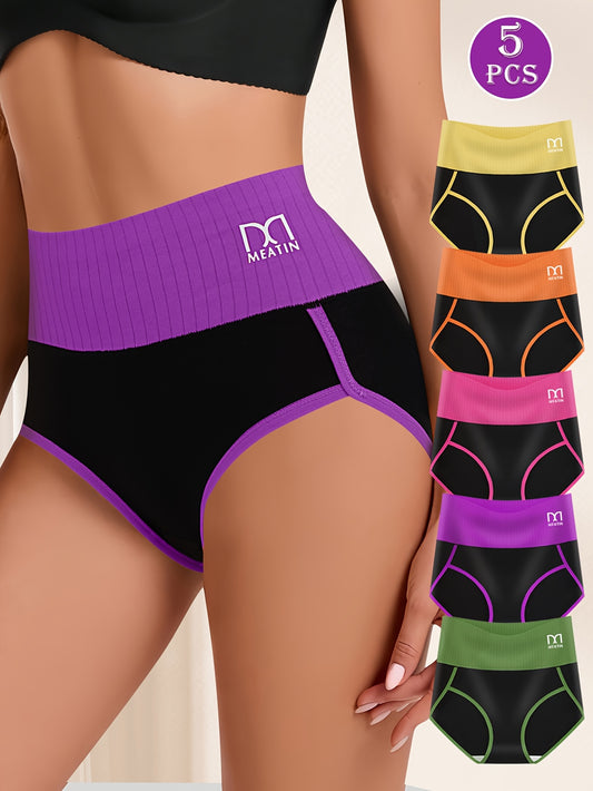 5pcs High Waist Tummy Control Panties - Bikinis With Fashion Contrast Color, Comfortable Fit, And Briefs Style