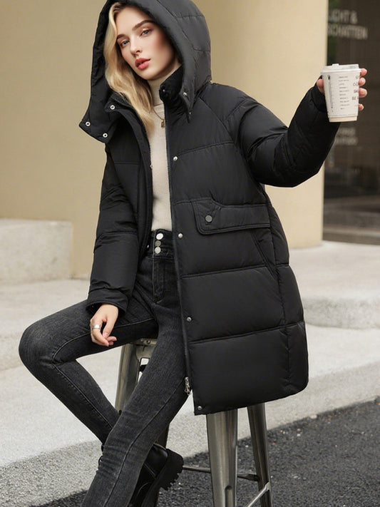 Women's Heavyweight Winter Coat, Thickened Insulated Long Jacket with Full-Zip Closure, Loose Fit Mid-Length Outerwear, Elegant Casual Outer Jacket for Cold Weather, Warm Puffer Coat for Everyday & Formal Events, Solid Color