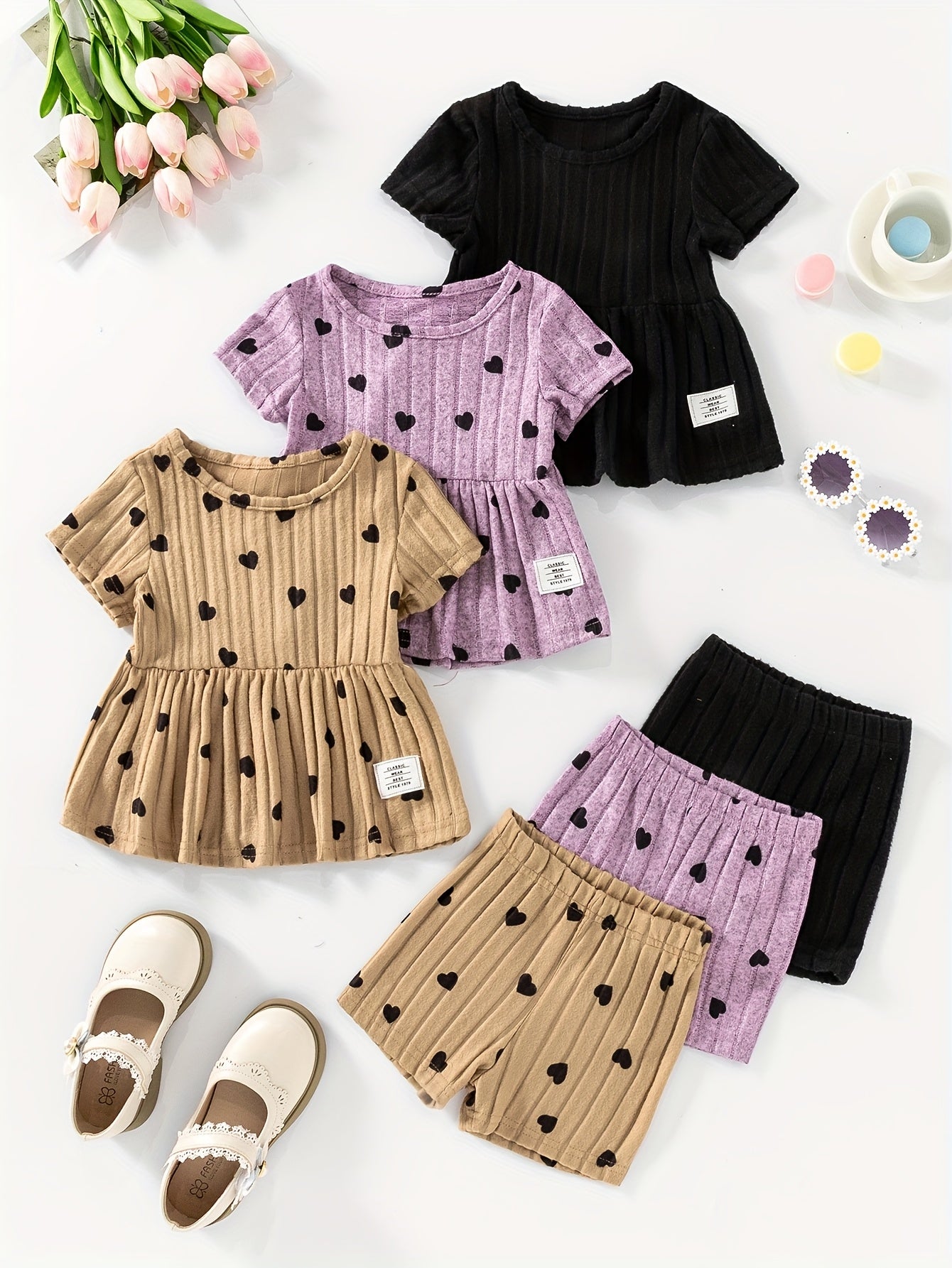 [Girls' 6pcs Set] Summer New Girls' Vibrant Basic Casual Top/Shorts 6pcs Set - Perfect for Outdoor